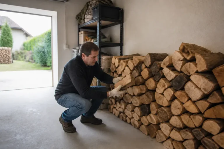 Un habitant range soigneusement des bûches de bois de chauffage Metz dans son garage