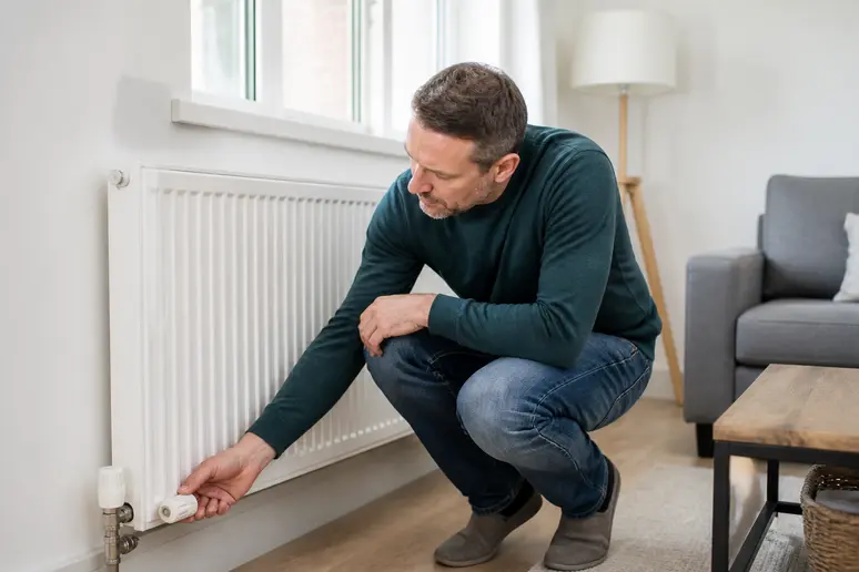 Propriétaire vérifiant la vanne thermostatique d'un radiateur domestique dans une pièce à vivre