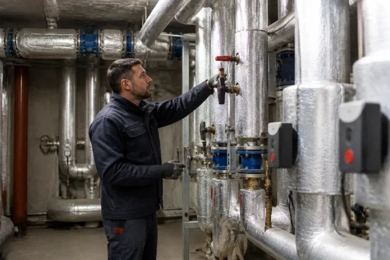 Technicien inspectant les canalisations d'une installation de chauffage urbain Metz dans un local technique