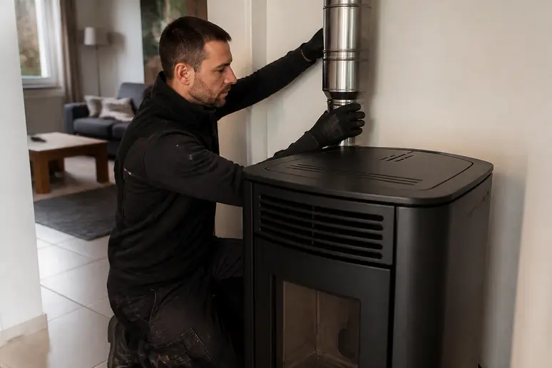 Technicien raccordant un poêle à granulés lors de son installation dans une pièce de vie.