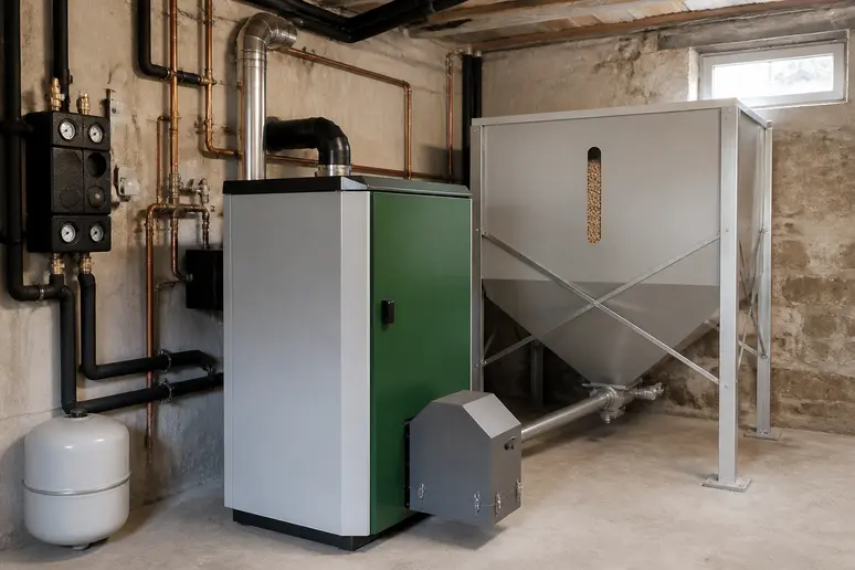 Chaudière à granulés installée dans une chaufferie avec ses raccordements et son silo.