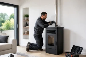 Installation d'un équipement thermique avec les poêles chaudières granulés bois Lorraine par un artisan qualifié.