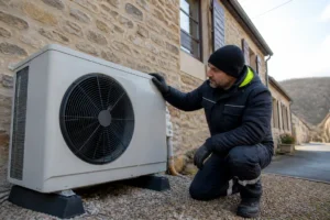 Installation d'une pompe à chaleur Lorraine près d'une maison traditionnelle par un technicien