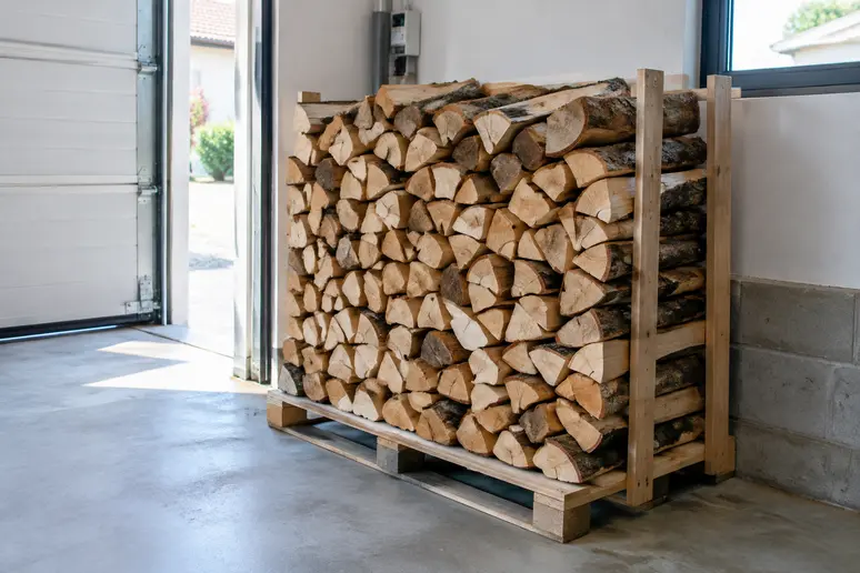 Palette de bois de chauffage Moselle rangée dans un garage lumineux