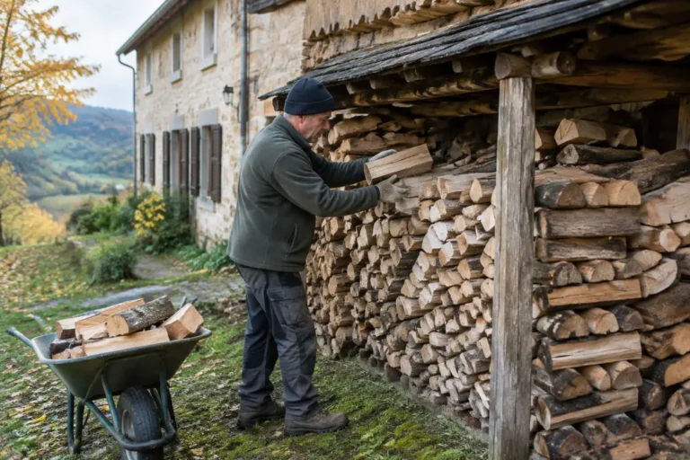 Un homme range des bûches de bois de chauffage Moselle sous un abri extérieur en automne
