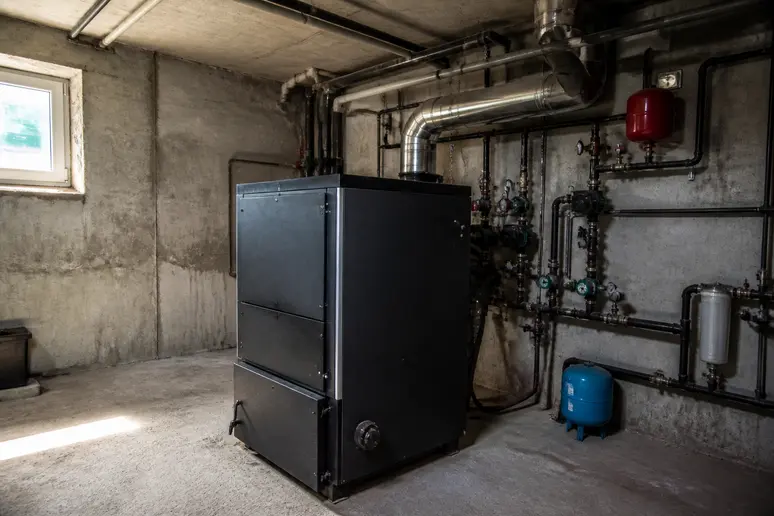 Chaudière à bois d'occasion installée dans une chaufferie de maison lorraine