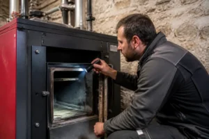 Un technicien inspecte une chaudière à bois occasion Lorraine installée dans une cave.