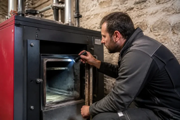 Un technicien inspecte une chaudière à bois occasion Lorraine installée dans une cave.