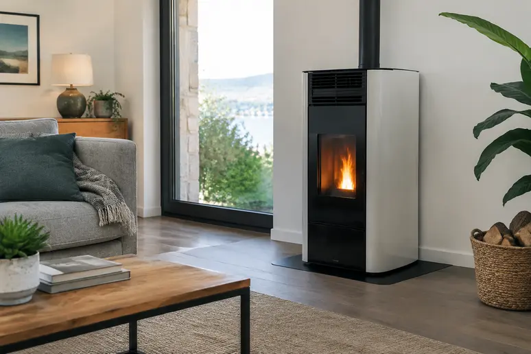 Un poêle à granulés installé dans le salon pour chauffer l'espace de vie
