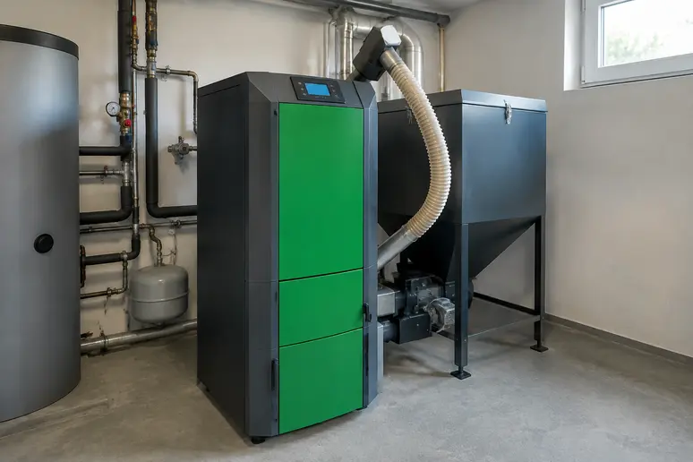 Une chaudière à granulés moderne installée dans une pièce technique pour le chauffage central