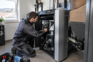Un technicien effectue la maintenance d'une chaudière à granulés Lorraine dans une buanderie lumineuse