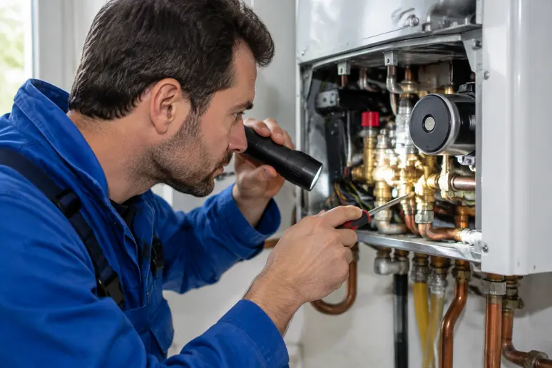 Technicien inspectant le bloc hydraulique d une chaudière murale pour identifier une chaudière eau chaude intermittente