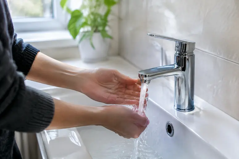 Vérification du débit d eau à un robinet de lavabo pour tester une chaudière eau chaude intermittente