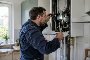 Un technicien qualifié inspecte une chaudière eau chaude intermittente installée dans une cuisine domestique.