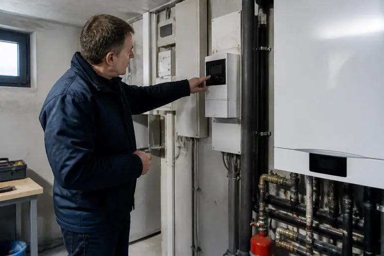 Propriétaire consultant son compteur électrique pour analyser la consommation de sa chaudière