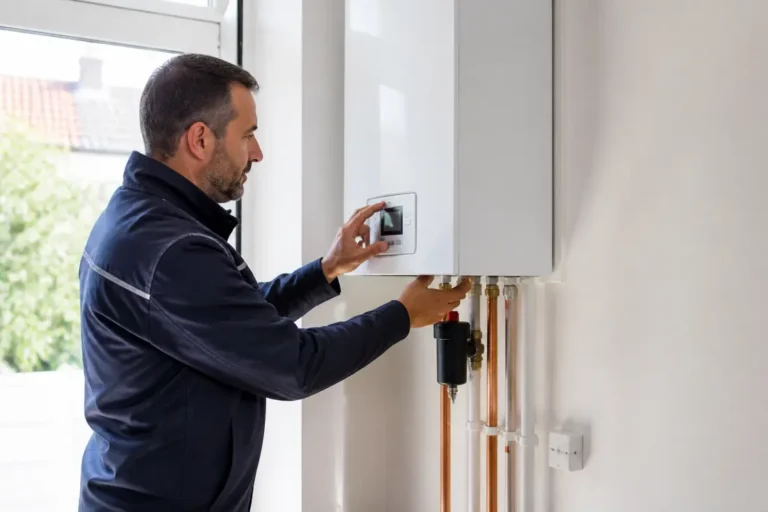 Un technicien qualifié effectue la maintenance d'une chaudière électrique moderne installée dans une buanderie.