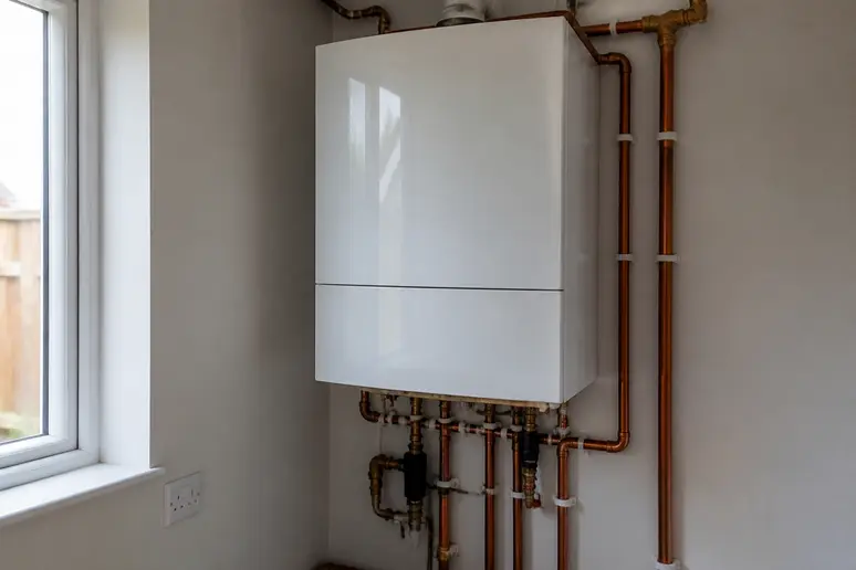 Installation murale d'une chaudière gaz à condensation moderne dans une pièce technique avec tuyauterie apparente