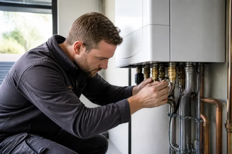 Technicien vérifiant une installation de chaudière gaz à condensation dans une buanderie moderne