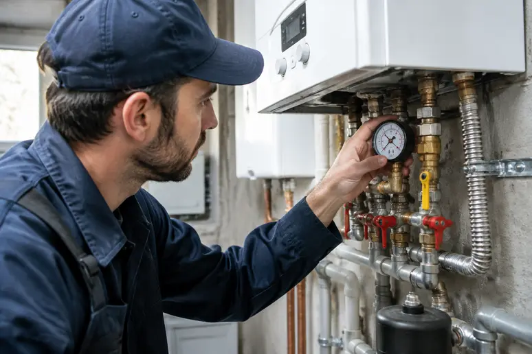 Technicien vérifiant les manomètres d'une chaudière gaz Lorraine après l'entretien annuel
