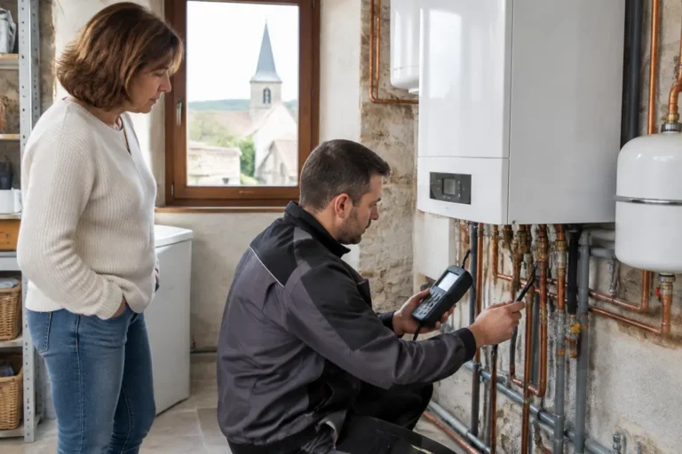 Technicien effectuant la maintenance d'une chaudière gaz Lorraine entretien dans une buanderie