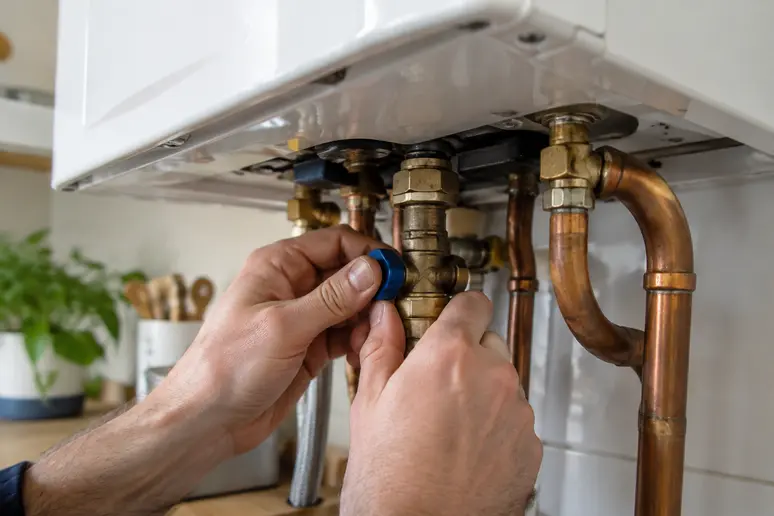 Mains ouvrant le robinet de remplissage pour ajuster la pression d'eau de la chaudière