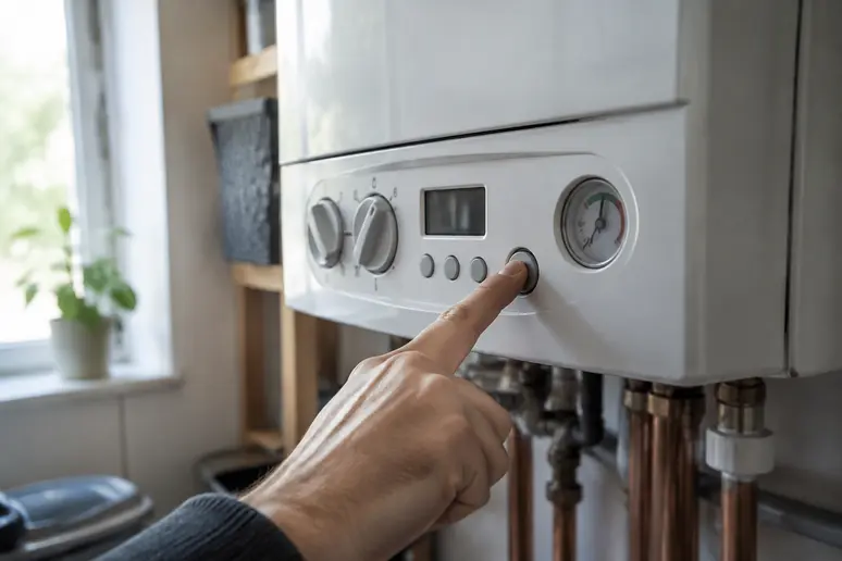Doigt pressant le bouton reset sur le panneau de commande d'une chaudière murale