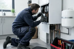 Un technicien qualifié effectue la révision annuelle d'une chaudière ne démarre plus dans une buanderie.