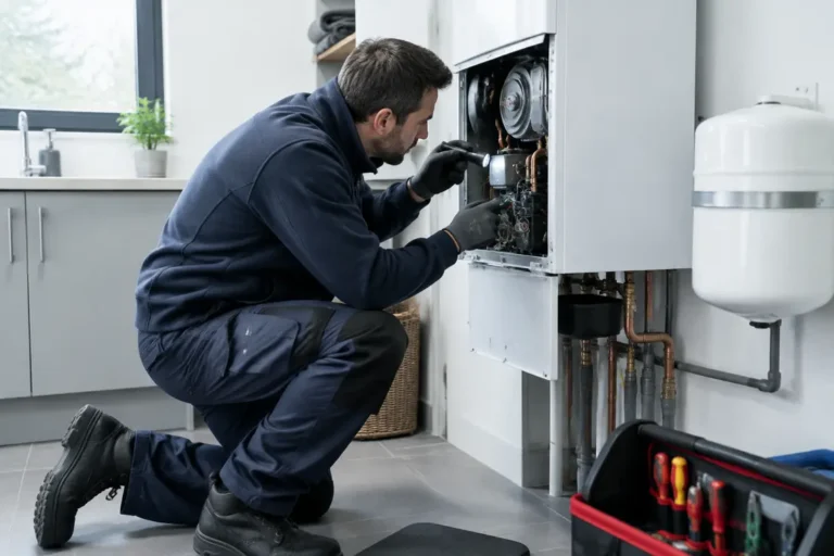 Un technicien qualifié effectue la révision annuelle d'une chaudière ne démarre plus dans une buanderie.
