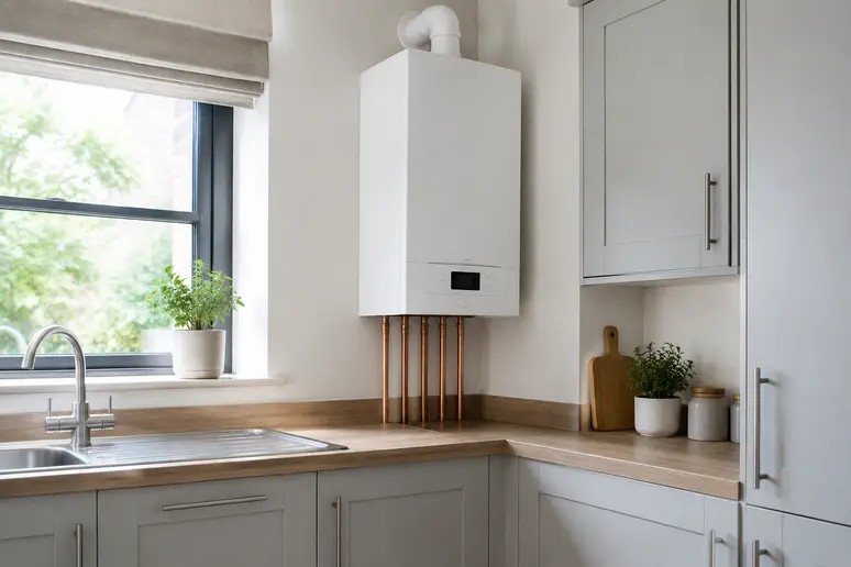 Chaudière gaz murale moderne installée dans un coin technique d'une cuisine lumineuse
