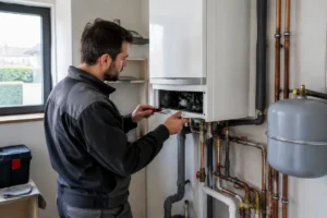 Technicien effectuant la maintenance d'une chaudière prix gaz moderne dans une buanderie domestique.