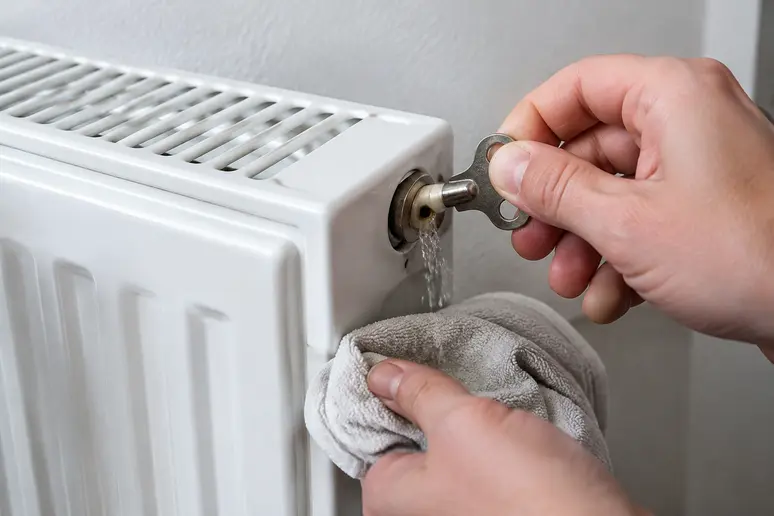 Utilisation d'une clé de purge sur la vis d'un radiateur pour évacuer l'air