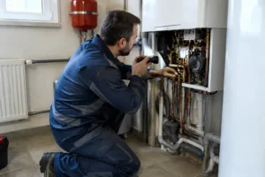 Un technicien inspecte l'intérieur d'une chaudière redémarre toute seule dans une buanderie.