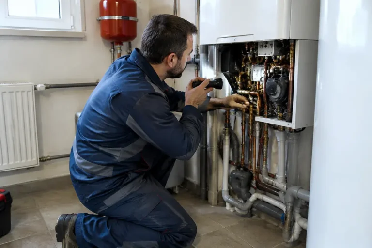 Un technicien inspecte l'intérieur d'une chaudière redémarre toute seule dans une buanderie.