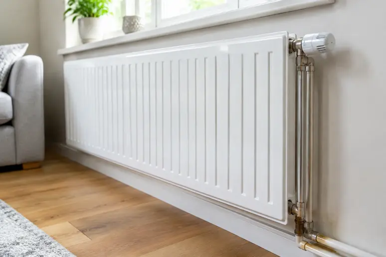 Radiateur basse température installé dans une pièce de vie avec ses tuyaux de raccordement
