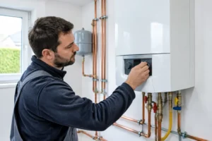 Technicien ajustant les réglages de la chaudière température eau chauffage dans une buanderie moderne.