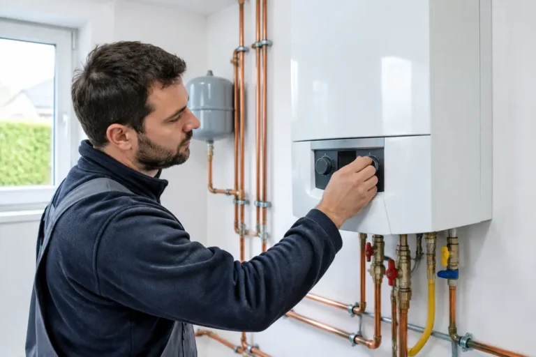 Technicien ajustant les réglages de la chaudière température eau chauffage dans une buanderie moderne.