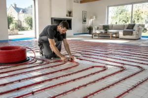 Technicien installant un système de chauffage au sol Meurthe-et-Moselle dans une maison en rénovation