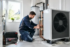 Technicien installant une pompe à chaleur pour un chauffage central Moselle dans une maison