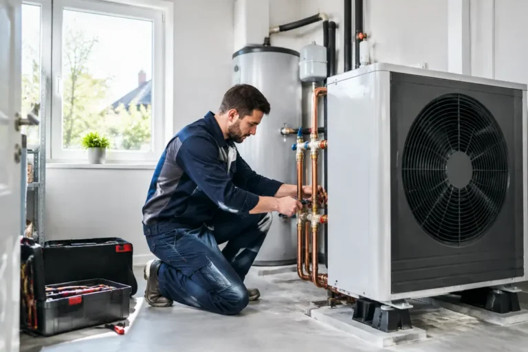 Technicien installant une pompe à chaleur pour un chauffage central Moselle dans une maison