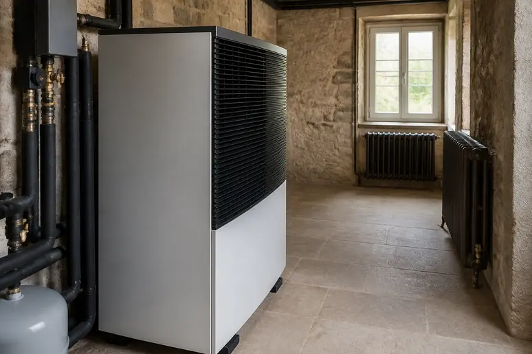 Pompe à chaleur raccordée à des radiateurs en fonte dans une maison ancienne en Lorraine