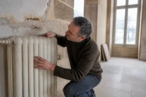 Propriétaire inspectant un ancien radiateur en fonte lors de la rénovation d'un chauffage maison ancienne Lorraine