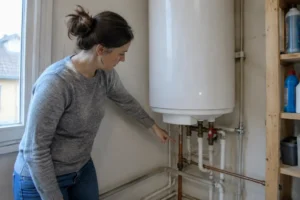 Propriétaire inspectant un chauffe-eau électrique à Metz dans une buanderie domestique.