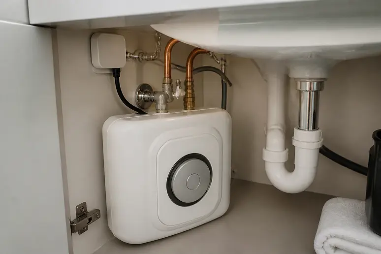 Chauffe-eau instantané compact installé sous un lavabo avec ses raccordements hydrauliques et électriques.