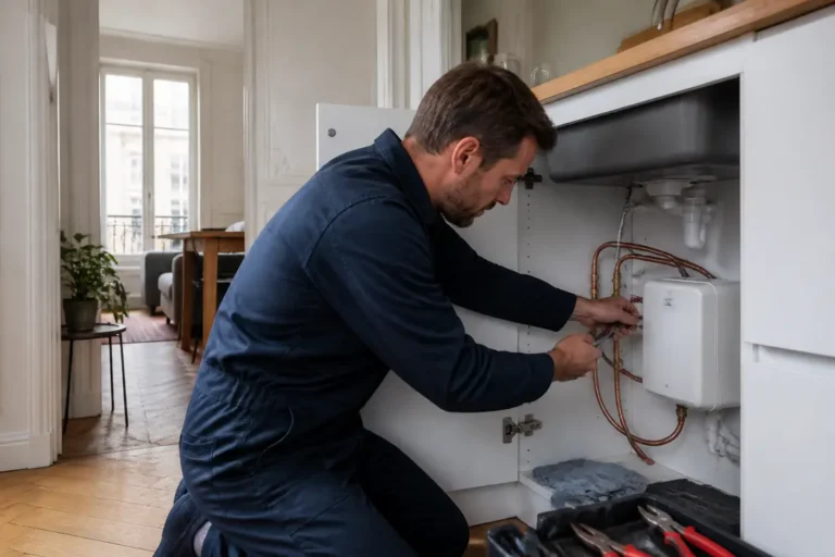Installation d'un chauffe eau instantané sous l'évier par un plombier dans une cuisine.