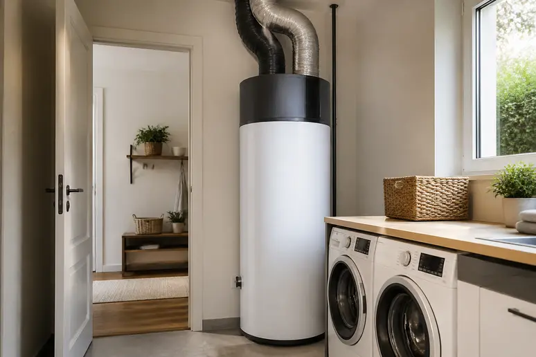 Un chauffe-eau thermodynamique installé dans une buanderie avec ses gaines de raccordement au plafond.