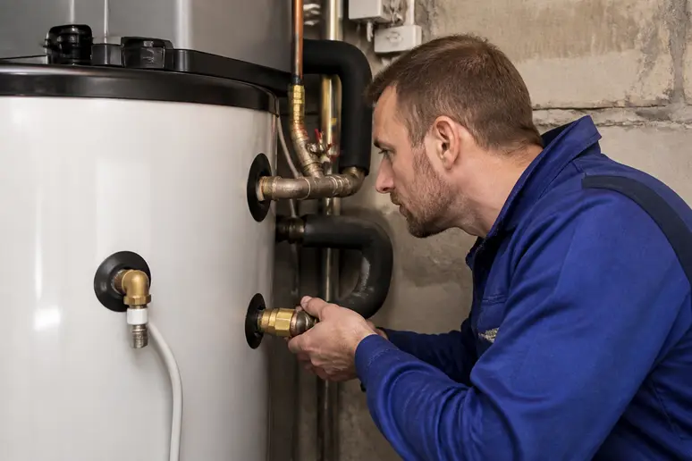 Un technicien vérifiant les raccordements d'un chauffe-eau thermodynamique lors de son installation en maison.