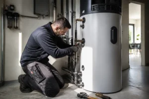 Un technicien installe un chauffe eau thermodynamique dans une buanderie moderne