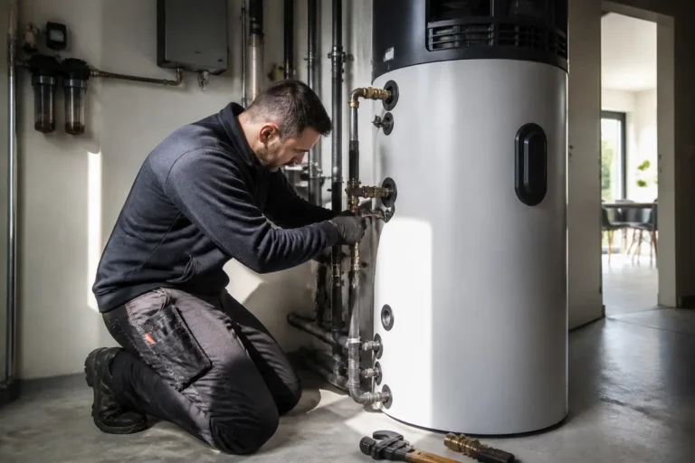 Un technicien installe un chauffe eau thermodynamique dans une buanderie moderne
