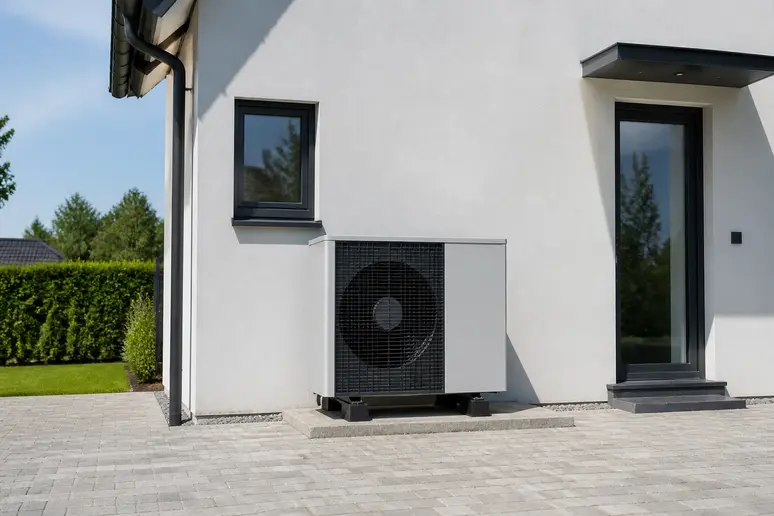Installation extérieure d'une pompe à chaleur résidentielle contre un mur de maison