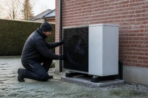Un technicien inspecte l'unité extérieure pour comprendre comment fonctionne une pompe à chaleur par temps froid.